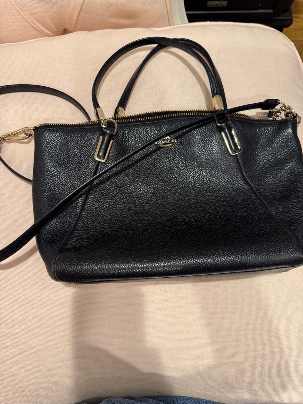 Coach Kelsey Black Pebbled Leather Satchel with Gold Accents